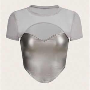Silver crop top with corset style Mesh top material